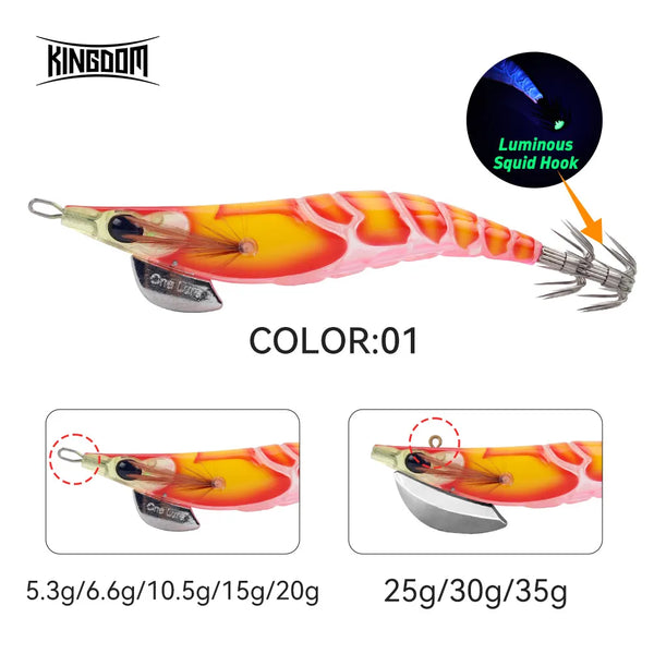 Orange-and-pink squid jig lure with luminous squid hook and double tentacle hooks