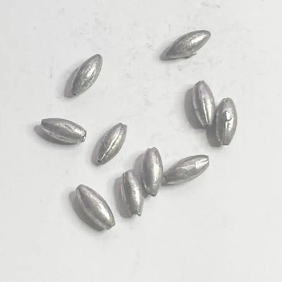 Olive hollow lead sinkers set, silver-gray oval teardrop weights with stamped marks