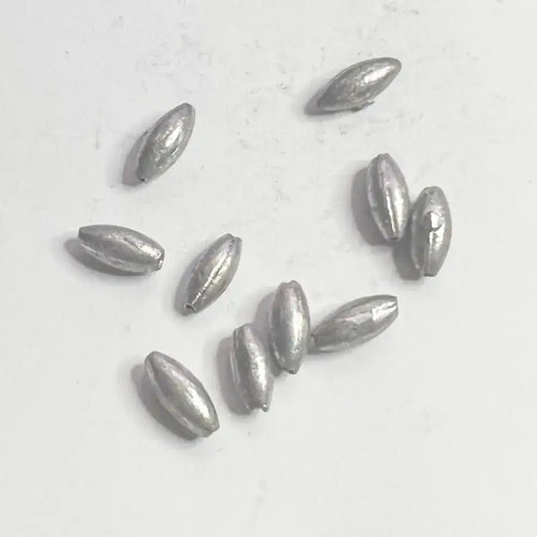 Olive hollow lead sinkers set, silver-gray oval teardrop weights with stamped marks