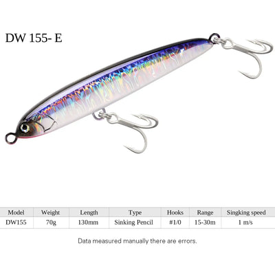 Iridescent silver sinking pencil fishing lure with treble hooks, DW155-E color