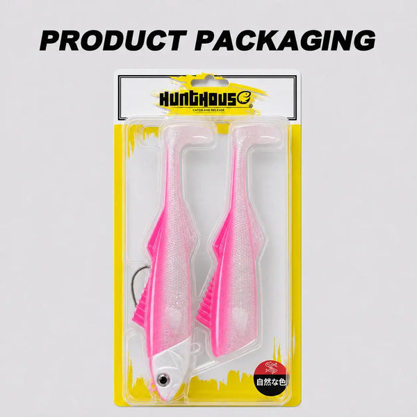 Blister packaging with two pink soft swimbait lure bodies and visible jig hooks