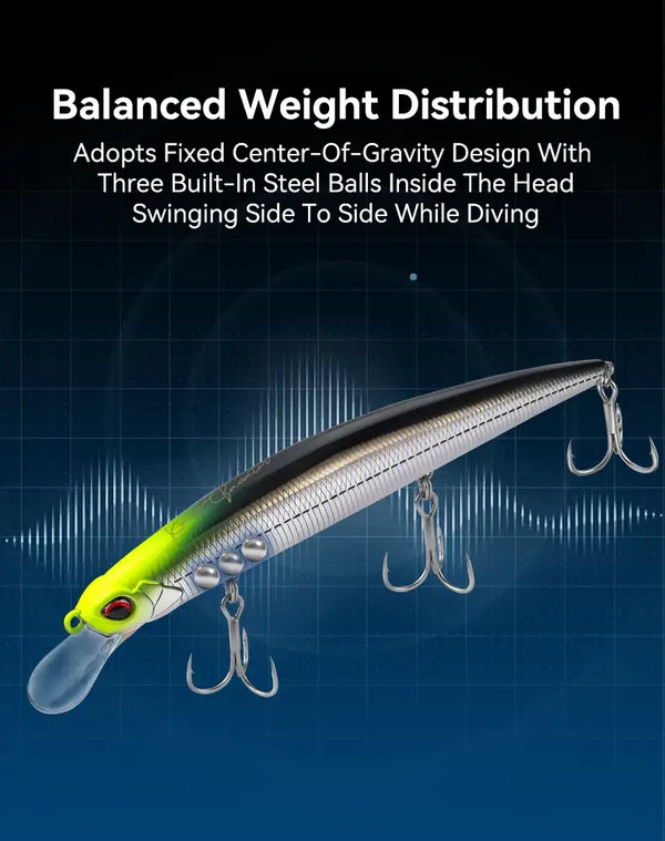 Fishing lure minnow, silver body with neon-green head and clear lip, three treble hooks.