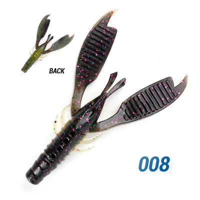 Soft plastic bass jig trailer craw, black with green and purple flecks, code 008