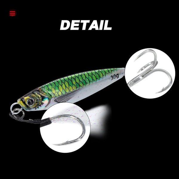 Green scale metal jig with two treble hooks and close-up of the eyelet