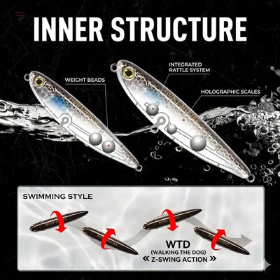 Two silver-blue pencil fishing lures with wobbling bead-like details and treble hooks