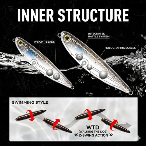 Two silver-blue pencil fishing lures with wobbling bead-like details and treble hooks