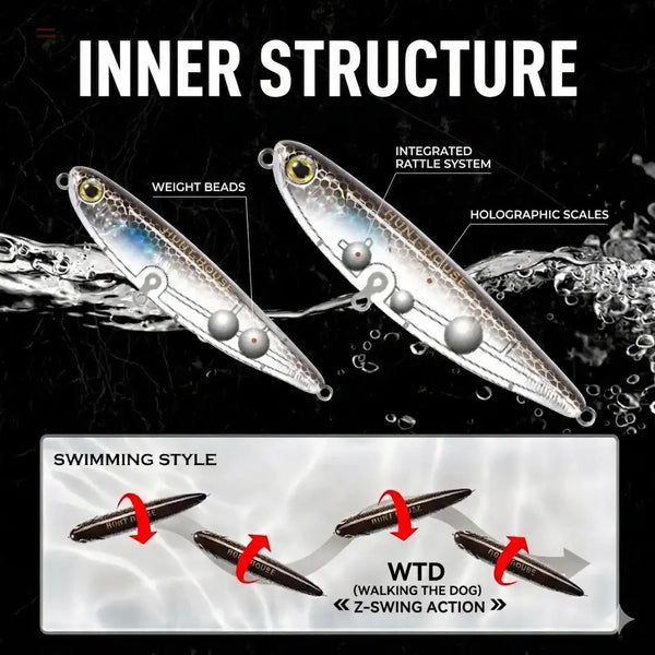 Two silver-blue pencil fishing lures with wobbling bead-like details and treble hooks