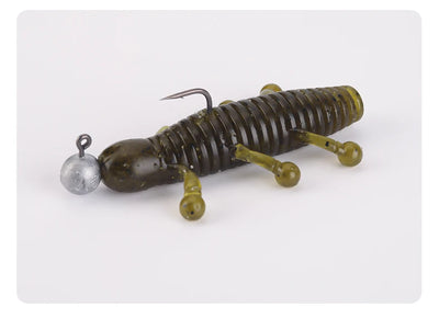 Micro jig head hook with dark head and olive soft worm bait plus steel hook