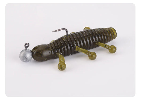 Micro jig head hook with dark head and olive soft worm bait plus steel hook