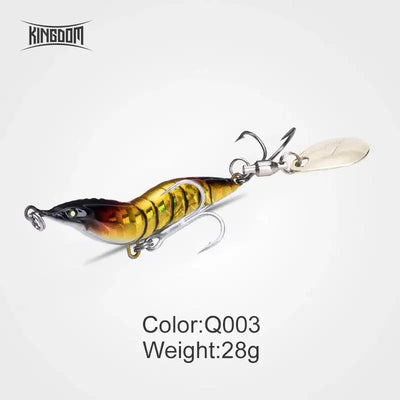 Shrimp spinner fishing lure, gold and black striped body, treble hooks, 28 g