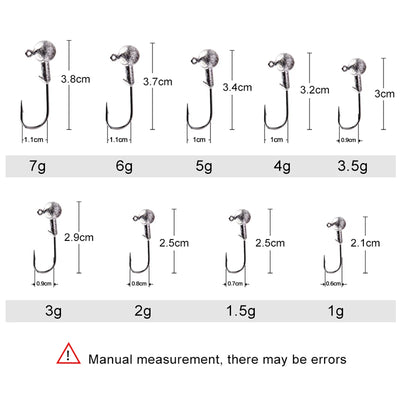 Assorted round ball jig heads with curved hooks, sizes from 7g to 1g