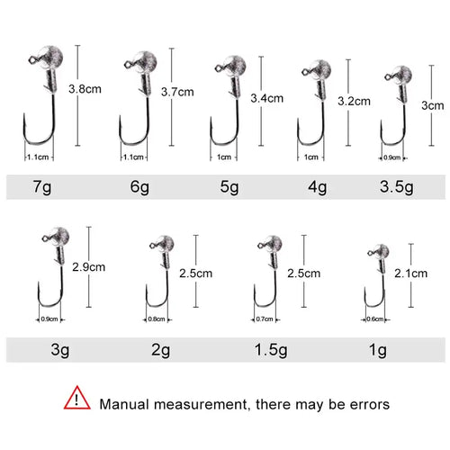 Assorted round ball jig heads with curved hooks, sizes from 7g to 1g