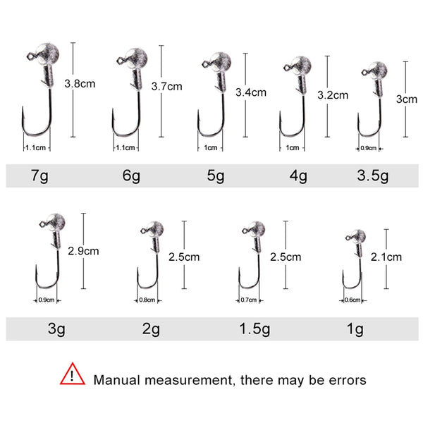 Assorted round ball jig heads with curved hooks, sizes from 7g to 1g