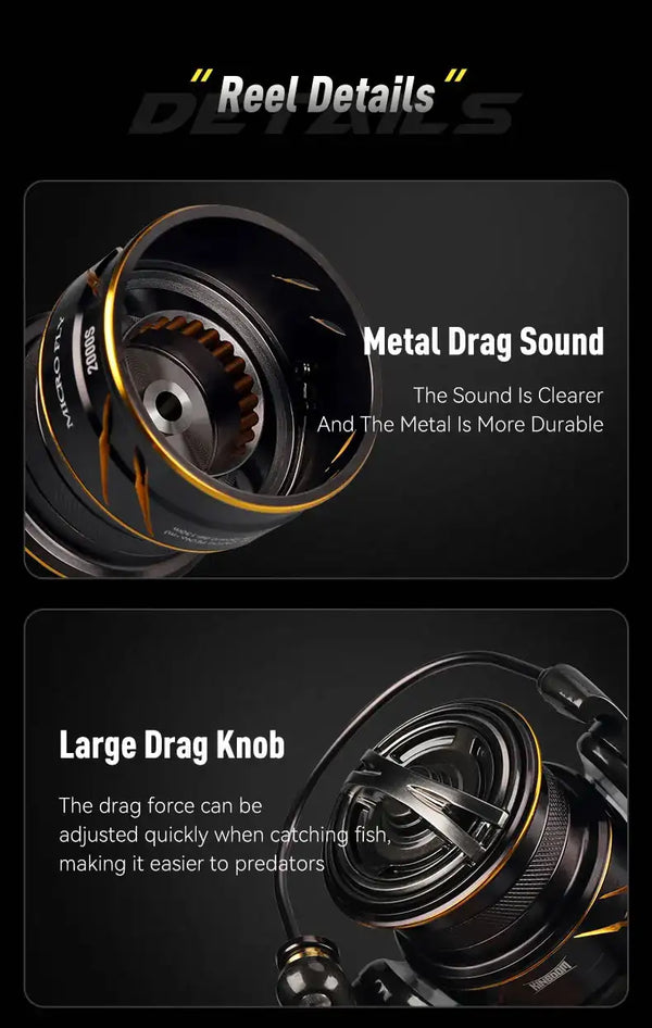 Spinning reel details with large drag knob and metal spool for smoother drag
