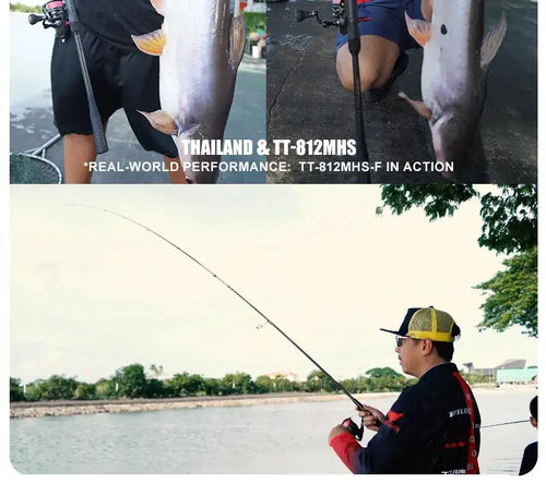 Angler holding a spinning rod with a large catch near the shoreline