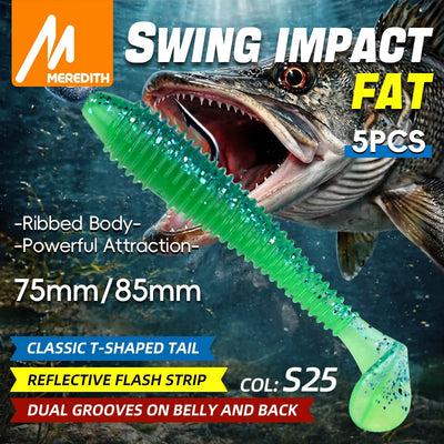 Meredith paddle tail soft plastic 5-pack, bright green ribbed body, paddle tail, hooked.