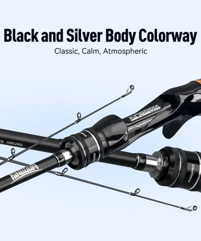 Spinning fishing rod with black shaft, silver reel seat, and wooden handle