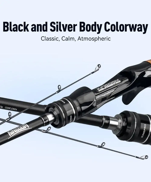 Spinning fishing rod with black shaft, silver reel seat, and wooden handle