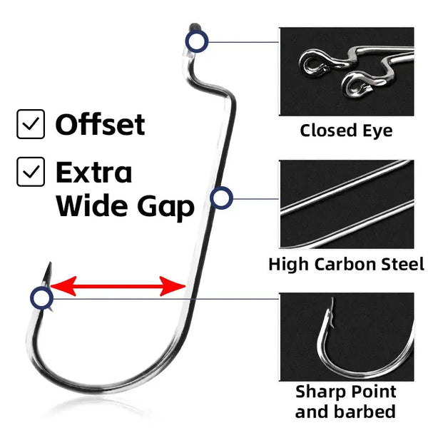 Offset worm hook with extra-wide gap, barbed point, closed eye, high-carbon steel