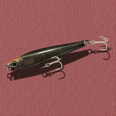 Dark gray lipless minnow fishing lure with silver treble hooks