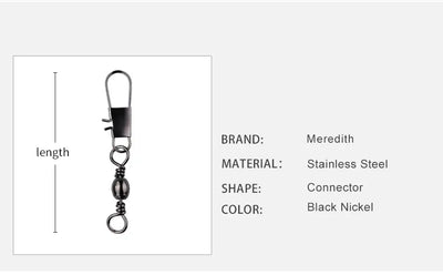 Fishing swivel connector labeled stainless steel, black nickel, connector shape