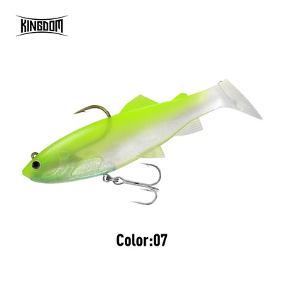 Green and silver soft paddle-tail swimbait with treble hook and split ring