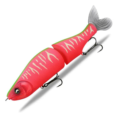 Jointed minnow fishing lure, bright red with green stripes, silver hooks