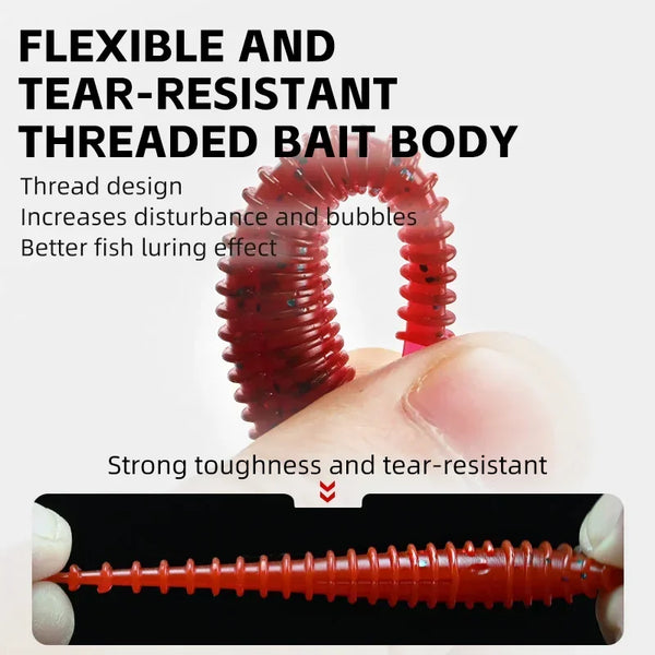 Red threaded soft plastic paddle-tail lure with ribbed body texture