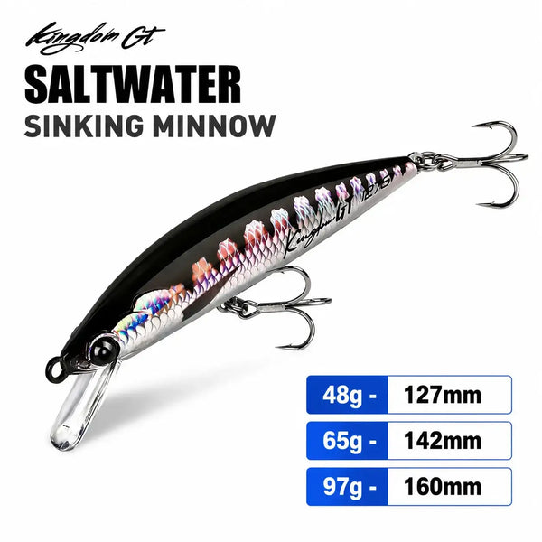 Saltwater sinking minnow lure, iridescent silver/purple with two treble hooks