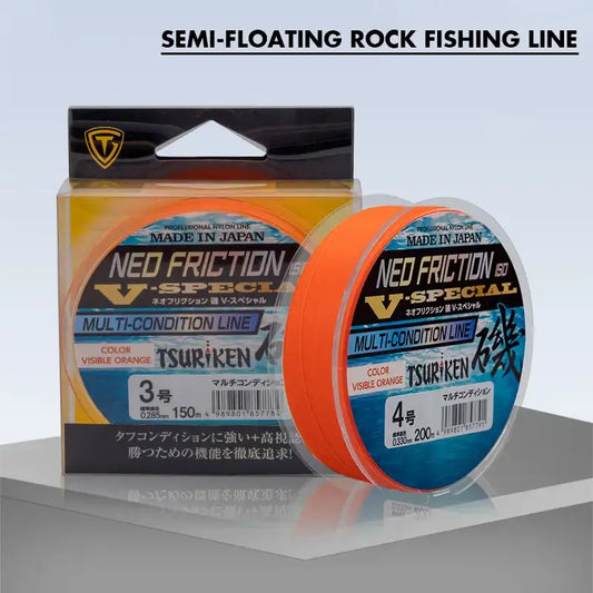 Semi-floating rock fishing line spool with orange visible line in retail packaging
