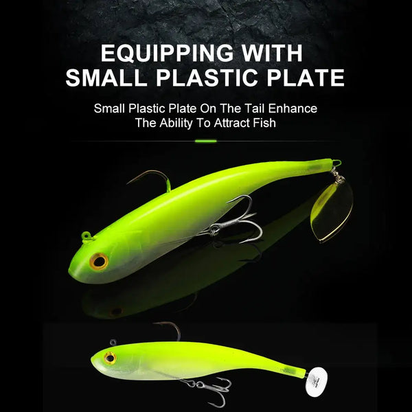 Neon green sinking swimbait spinner lure with tail plate, treble hooks, and blade