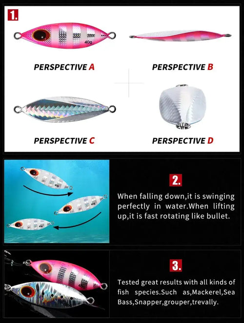 Metal fishing jig shown in multiple views, pink and silver body with red eye and split rings