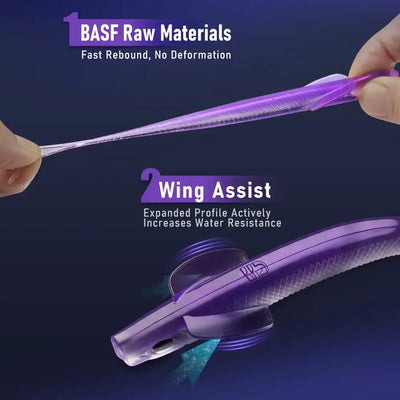 Purple silicone soft fishing lure with wing assist profile, held in hand