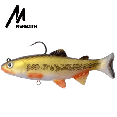 Weighted soft swimbait lure, yellow-green body with orange fins and 3D eyes