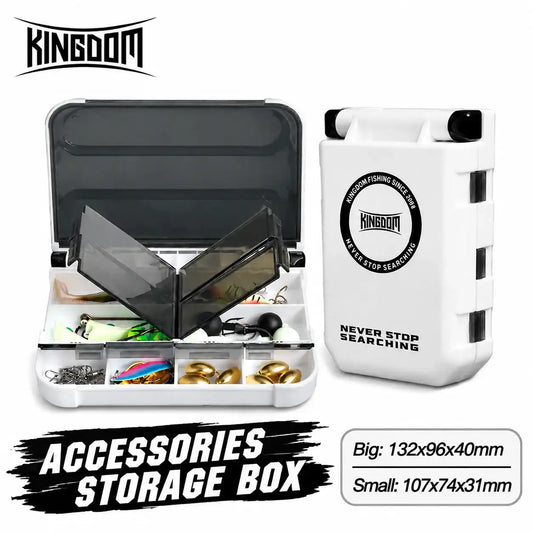 White fishing accessories storage box, open lid with divided compartments