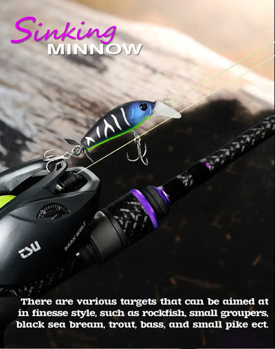 Sinking minnow fishing lure in blue and green with white stripe and silver treble hooks.