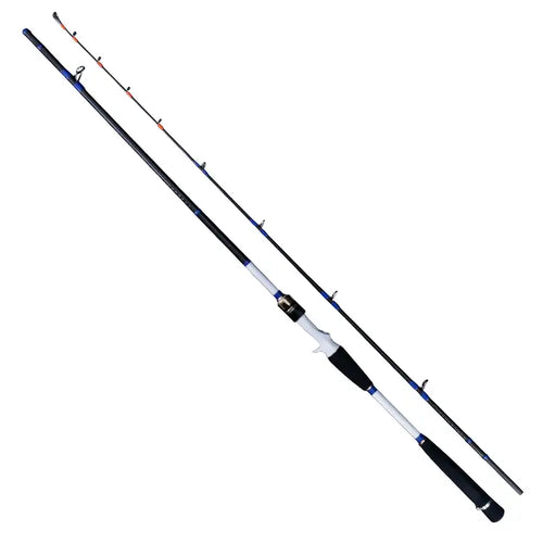 Long sea fishing rod with black blank, white handle, and blue guide wraps