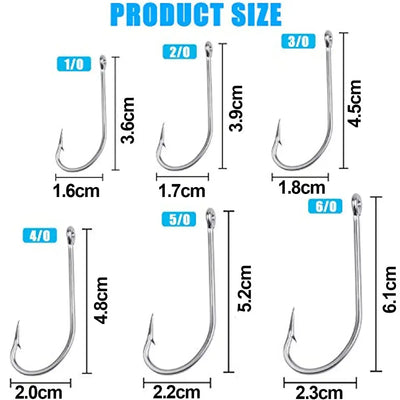 Assorted stainless steel J-hook fishing hooks with various sizes and lengths