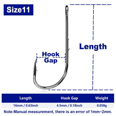 Black double-barbed worm fishing hook, long-shank, Size11