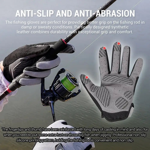 White and black anti-slip fishing gloves with textured grip palm