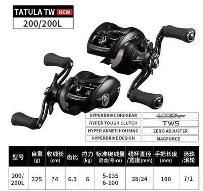 Daiwa Tatula TW New baitcasting reel, black front and side views with spec table.