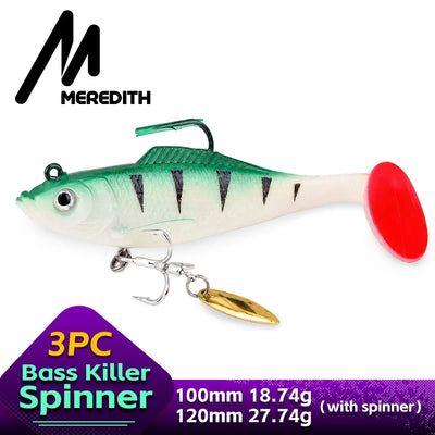 Green and white fishing lure with red tail, gold spinner blade, and metal hook
