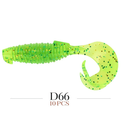 Neon green soft fishing lure with speckled tail, labeled D66, 10 pcs