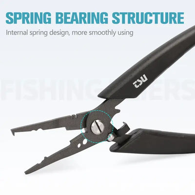 Fishing pliers close-up of spring joint and circular pivot, black handles and silver jaws