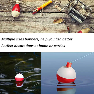 Round red and white slip bobbers for fishing tackle, multiple sizes in set