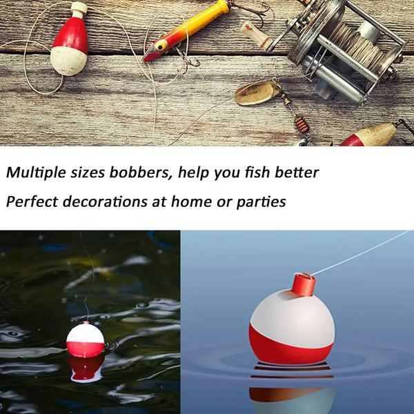 Round red and white slip bobbers for fishing tackle, multiple sizes in set