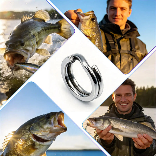 Close-up of silver fishing split rings on a white background, with multiple ring sizes
