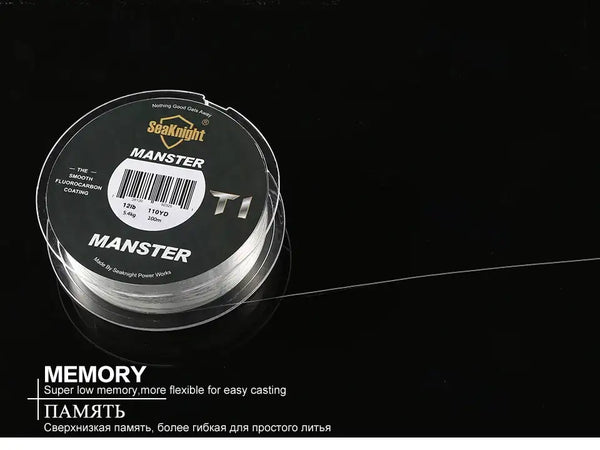 Fluorocarbon-coated fishing line spool with MANSTER T1 label and clear monofilament line