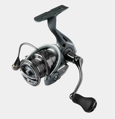 Spinning fishing reel with metallic body, curved bail wire, and black handle