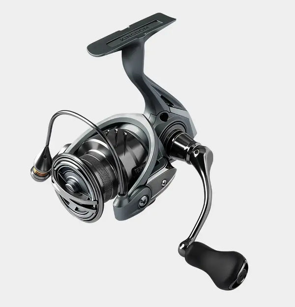 Spinning fishing reel with metallic body, curved bail wire, and black handle